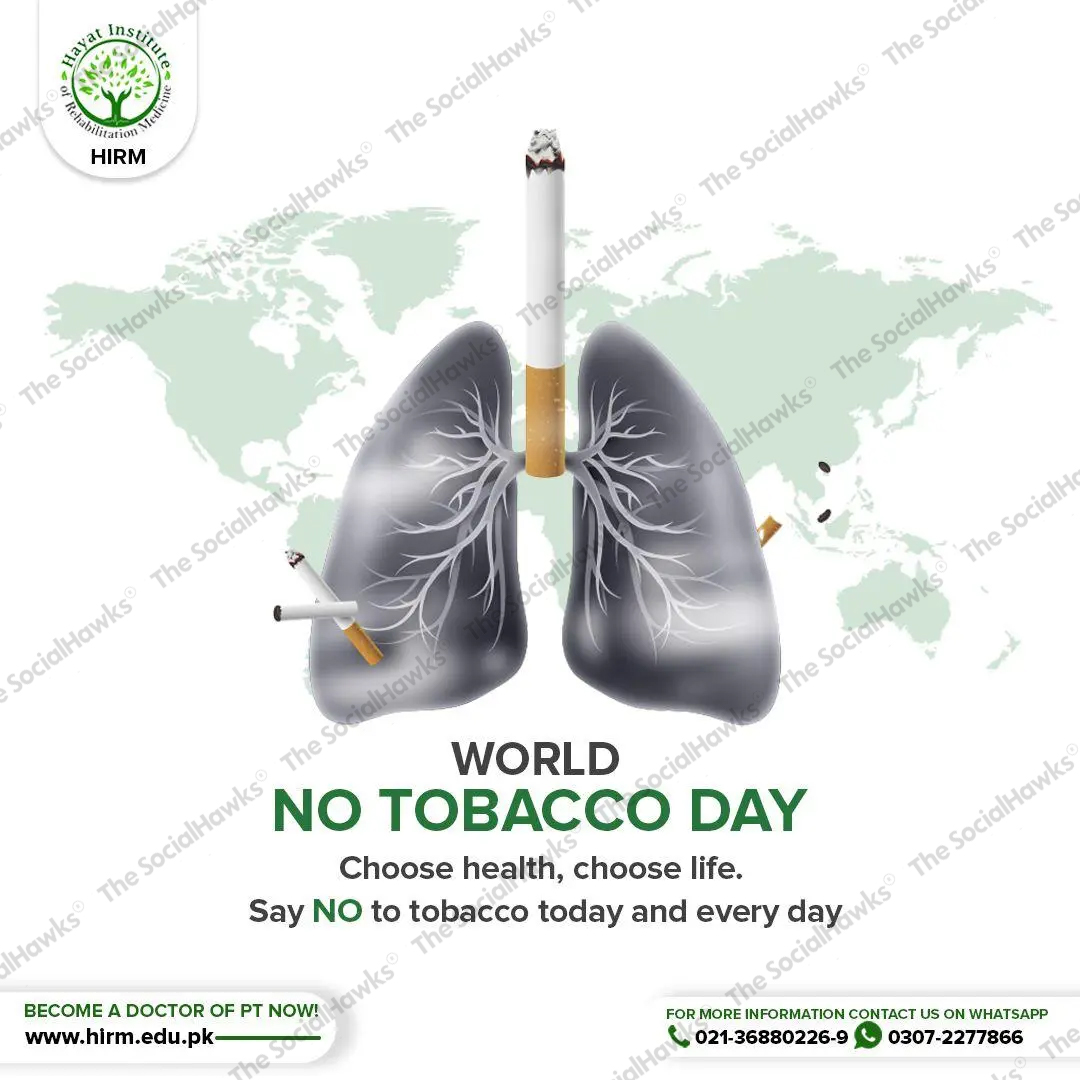 HIRM World No Tobacco Day post with cigarette and lung illustration on world map